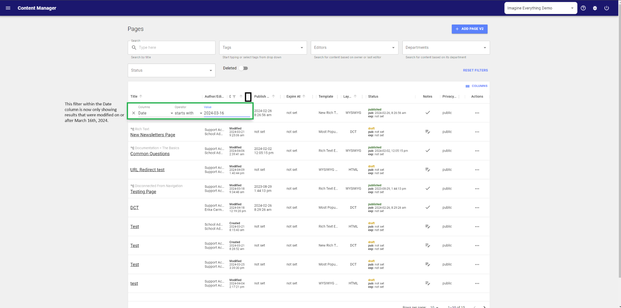 Pages Filter within Date column